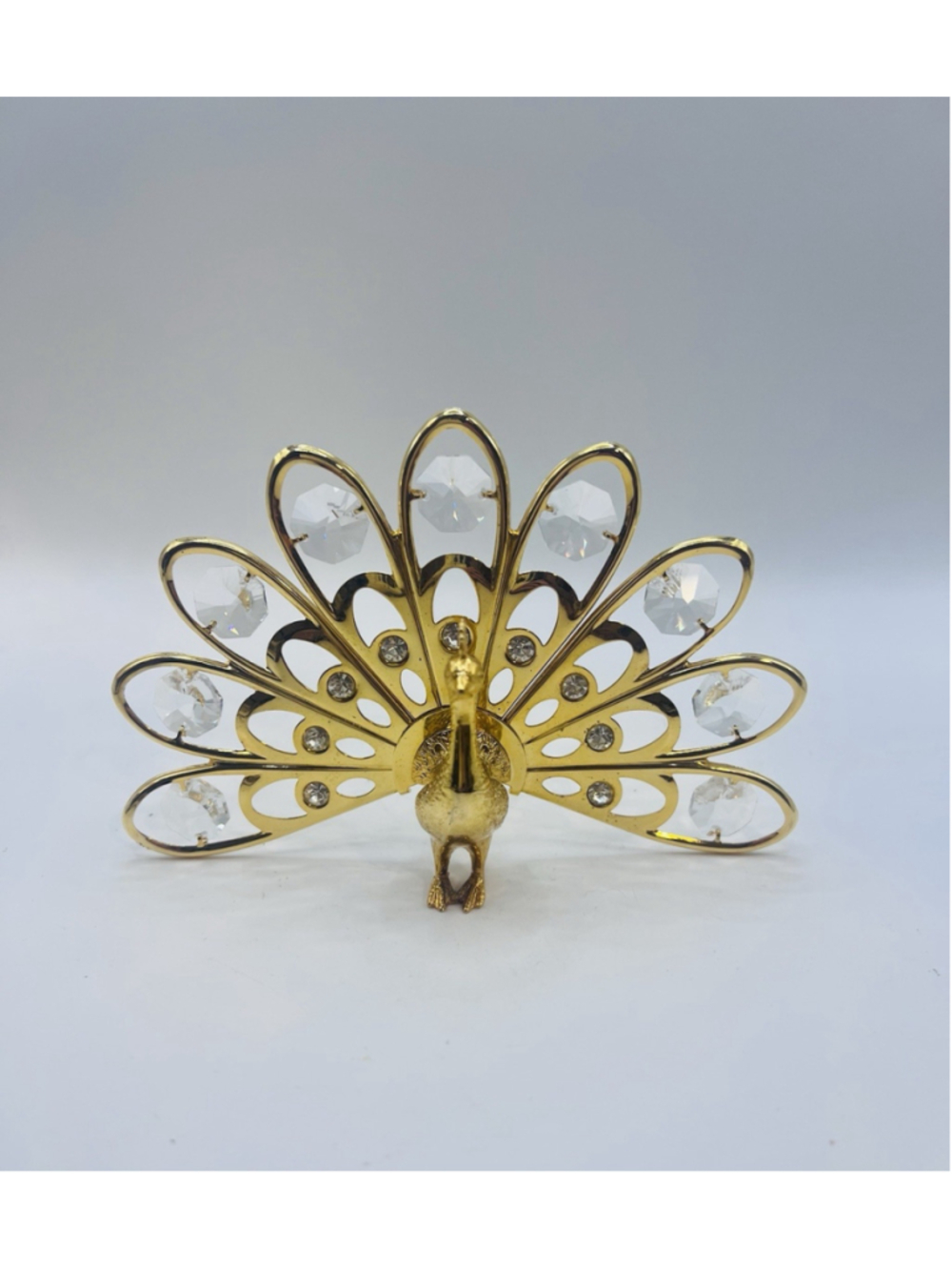Gold Tone Metal Peacock Crystal Tabletop Figurine 5.5”